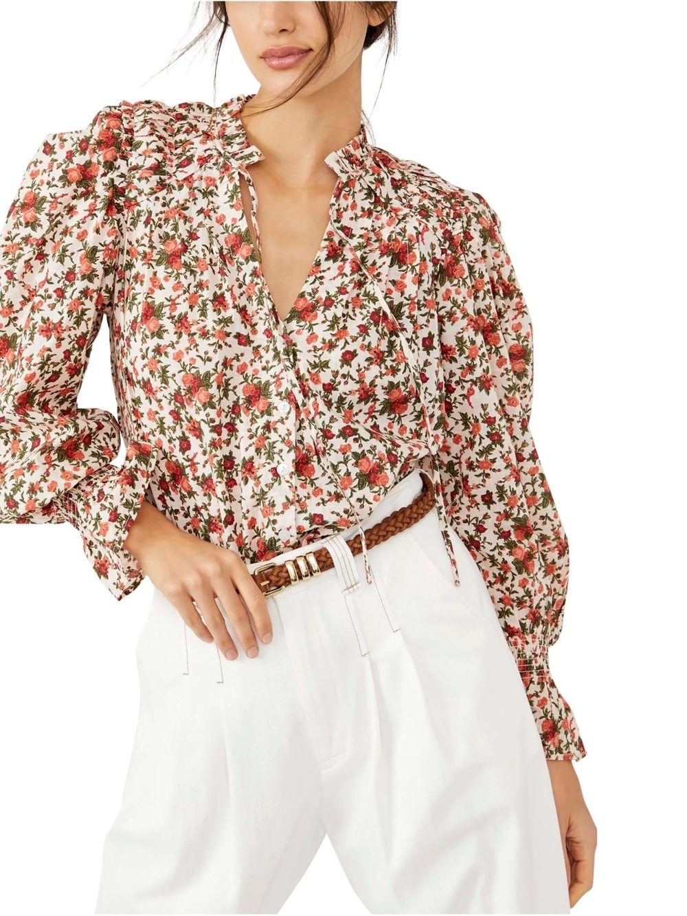 Free People NWOT Meant To Be Floral Cotton Beige Orange Long Sleeve Blouse M